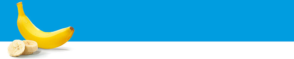 A banana and a sliced banana are presented against a blue background.