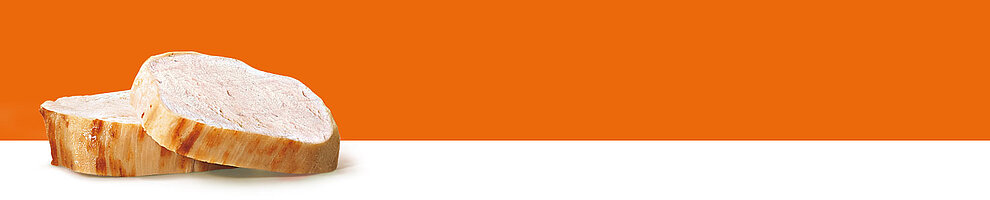 A sliced piece of meat rests on a white surface against a solid orange background.