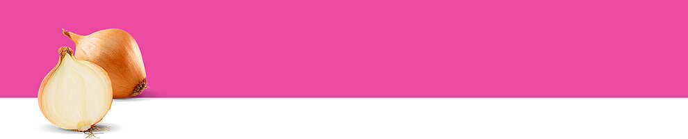 Two onions, one whole and one sliced, are displayed against a pink and white background.