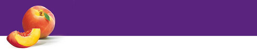 A peach, with a bite taken out, is presented against a purple background.