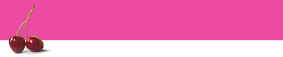 Two cherries with stems against a pink and white background.