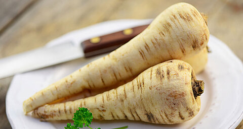 Three celery roots with a knife and parsley on a white plate.