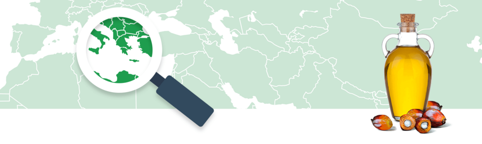 A magnifying glass focuses on a region of a world map, while a bottle of oil stands next to a cluster of palm fruits.