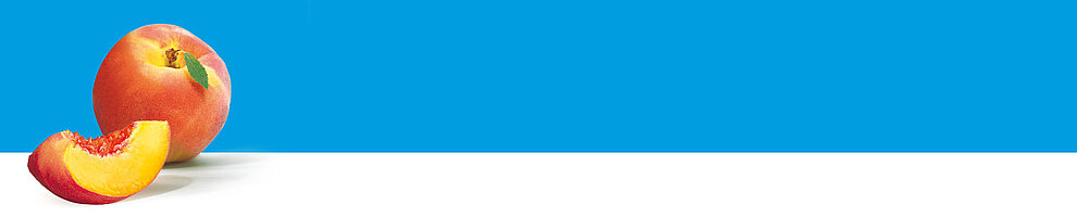 A peach, with a bite taken out, is presented against a blue background.