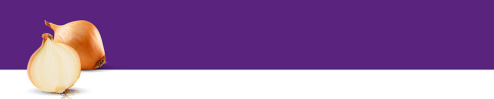 Two onions, one whole and one sliced, are displayed against a purple background.