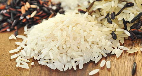 Various types of rice grains displayed on a wooden surface.