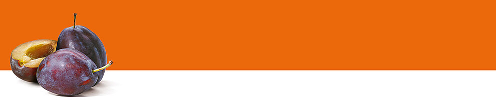Three plums, one cut in half, are displayed against a solid orange background.