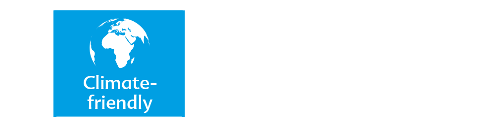 A blue square with a white globe and the words "Climate-friendly" printed below.
