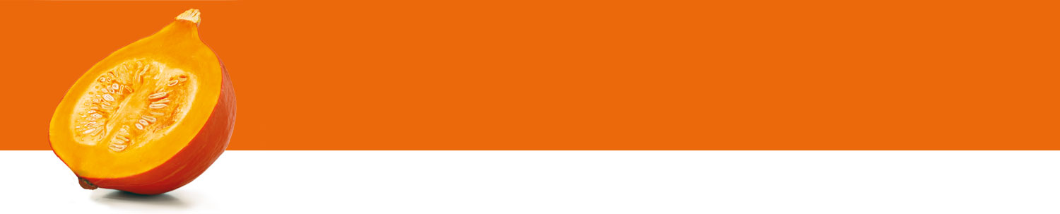 A halved pumpkin with seeds is presented against a bright orange background.