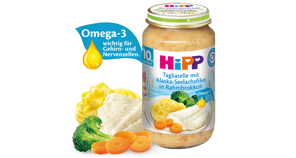 A jar of baby food with a focus on omega-3, featuring tagliatelle, fish, and vegetables.