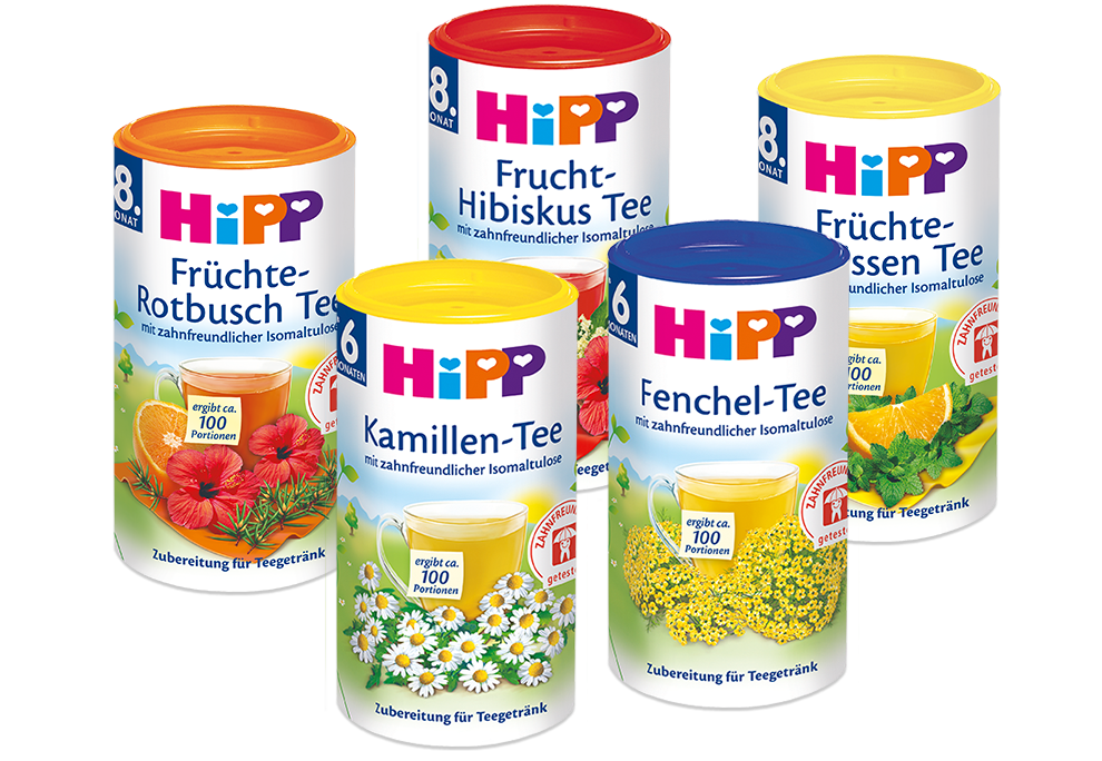 Five cylindrical containers of various fruit and flower teas, each with a distinct color and label.