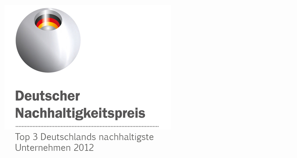 A silver sphere with a German flag inside is accompanied by the text "Deutscher Nachhaltigkeitspreis" and "Top 3 Deutschlands nachhaltigste Unternehmen 2012."